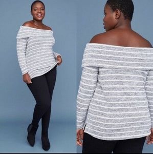 Lane Bryant Off Shoulder Sweater Top Gray Stripe Stretch. 18/20. New